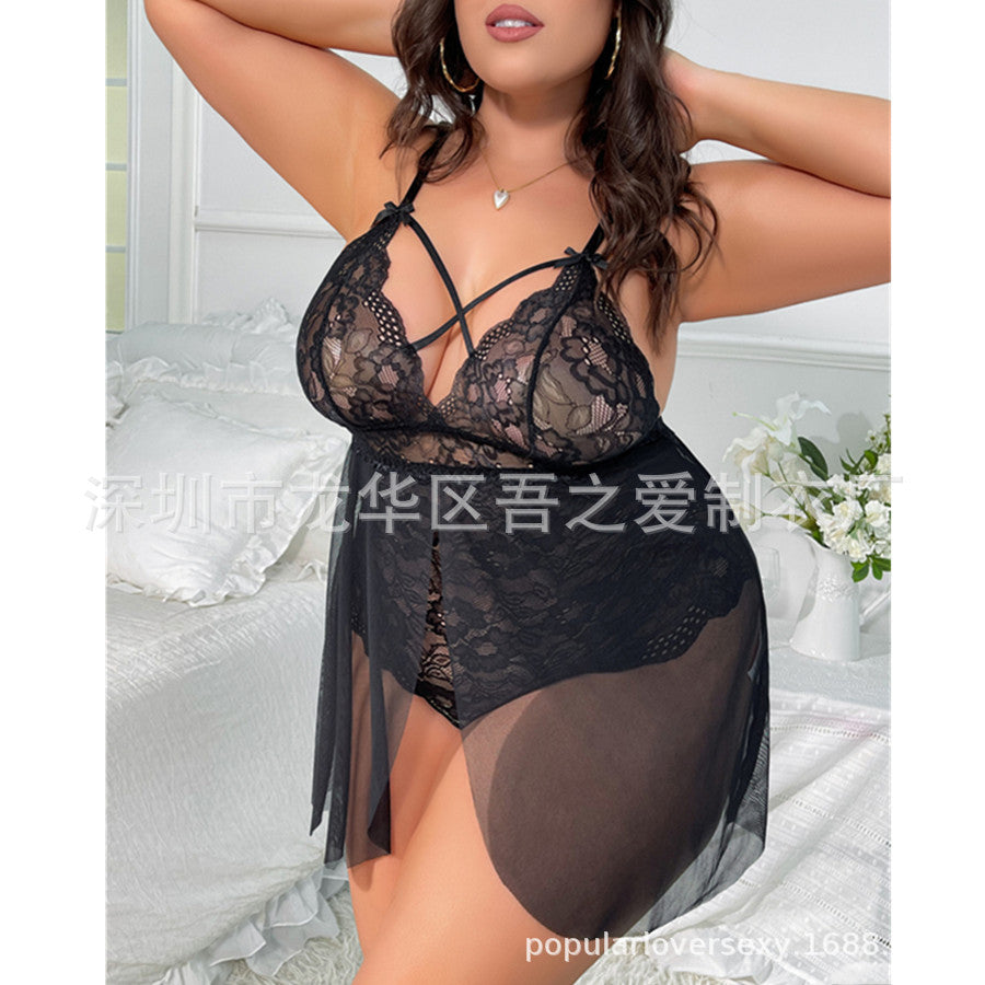 2024New Sexy Lingerie See-through Lace Temptation One-piece Camisole Sexy Nightdress V Cross Collar Cardigan Pajamas
