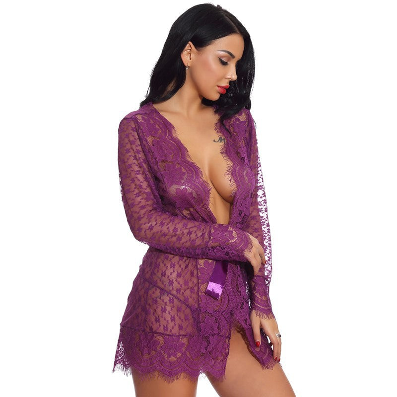 Autumn New Cross-Border Sexy Lingerie Temptation Mesh Nightdress Lace Transparent Women's Long Dress Homewear