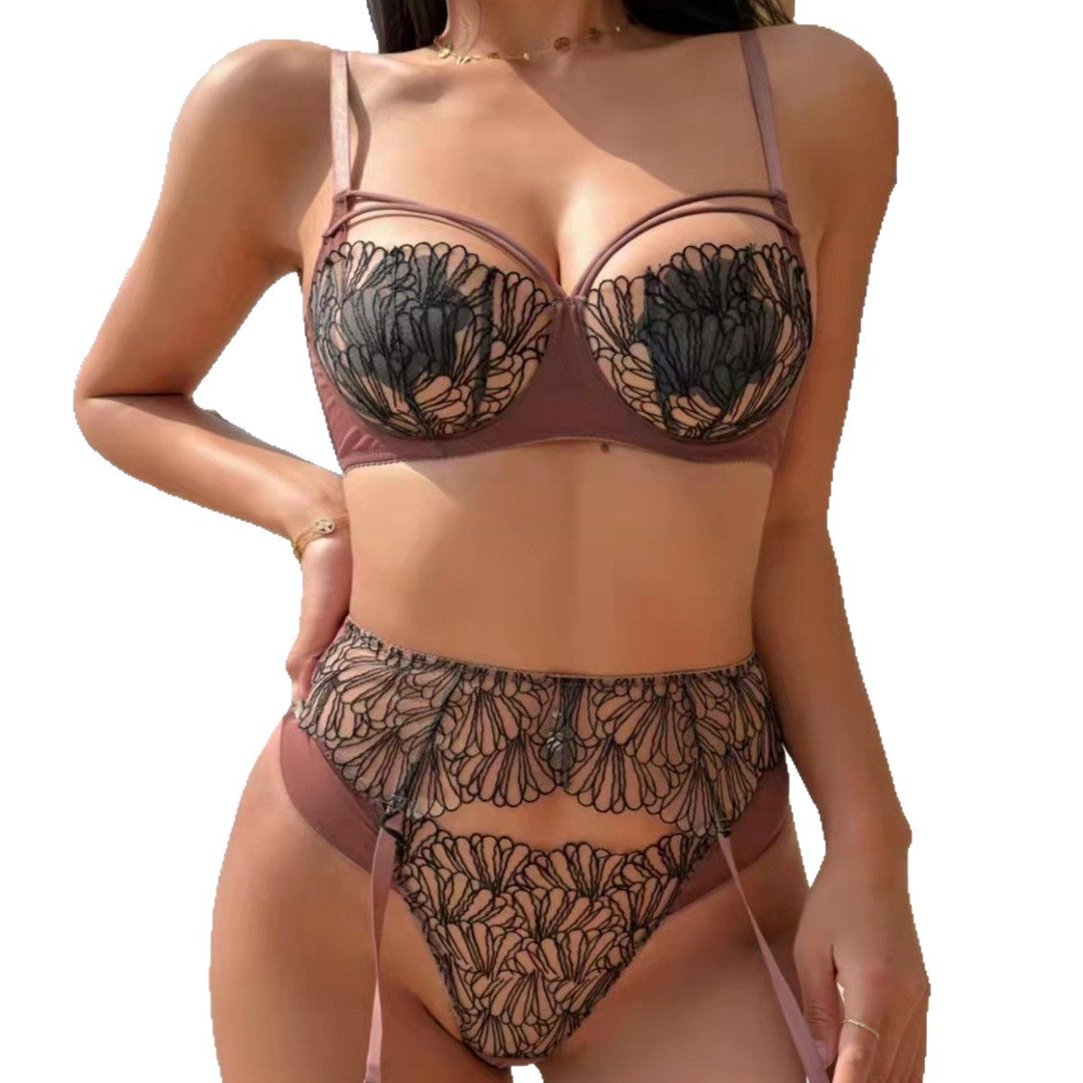 Cross-Border Hot-Selling Sexy Lingerie Lace Ultra-Thin Mesh Printed Large Bust Minimizing Camisole Sexy Lingerie Three-Piece Set for Women