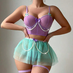 Amazon Cross-Border Hot-Selling Sexy Lingerie for Women Lace Pearl Mesh See-Through Short Skirt Thong Three-Piece Set