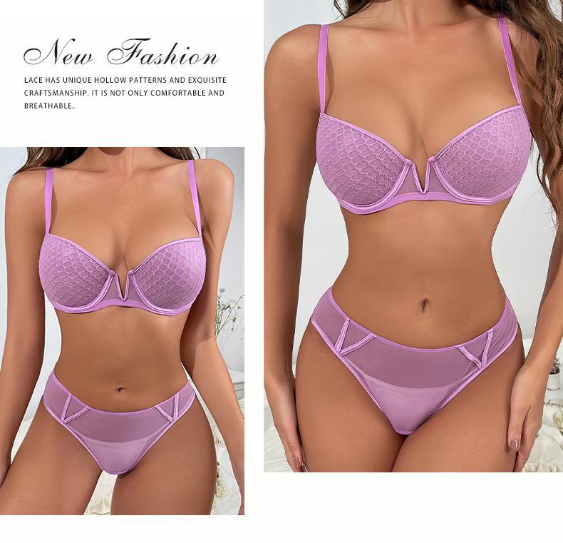 Cross-Border French Lace Lingerie Sexy Honeycomb Pattern Ultra-Thin Soft Underwire Bra Large Bust Minimizer Plus Size Bra Set