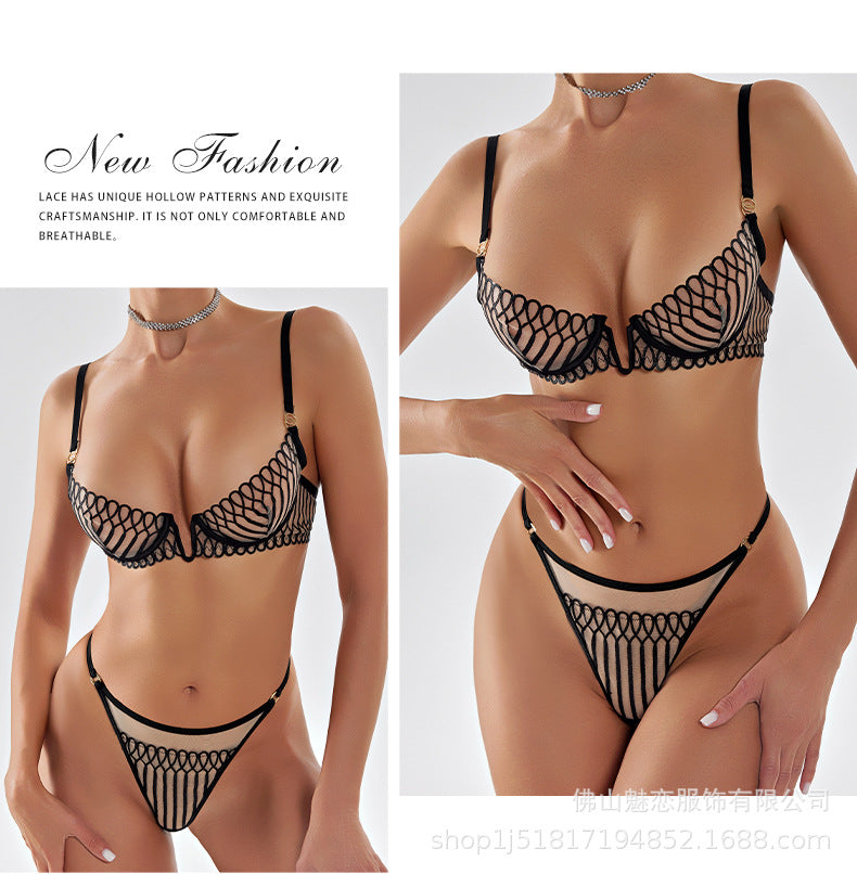 Cross-border European and American Sexy Lingerie for Women Ultra-thin Deep U Shell-Shaped Embroidery Large Bust Minimizing Anti-Sagging Lift Bra Set