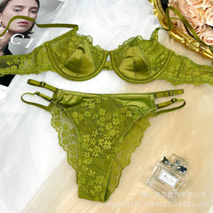 French Style Sexy Lingerie for Women Lace Girl Satin Embroidery Print Large Bust Minimizer Push-Up Bra Set