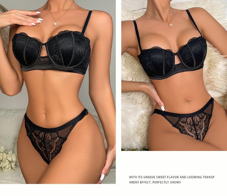 Cross-Border European and American Sexy Lingerie Half Cup Hollow Embroidery Lace Bra Small Chest Push-Up Side Breast Collection Lingerie Set