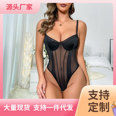 Cross-border New Mesh See-through Sexy Hollow Out Erotic Bodysuit Satin Patchwork Deep V Lightweight Underwear with Underwire