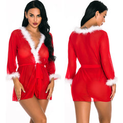 Christmas outfit see-through lace mesh two-piece set European and American Cross-Border Manufacturer Supply Sexy Lingerie Uniform Temptation