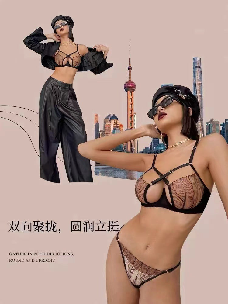 Sexy French Style Bra Cross Strap Lace Bra Big Bust Minimizer Anti-Sagging Bra Set Cross-Border