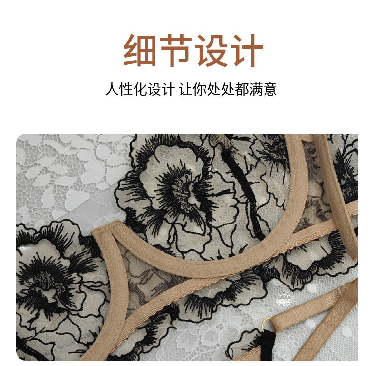Cross-Border Pure Desire Sexy Lingerie Thin Floral Embroidery Large Bust Minimizer Anti-Sagging Lace Erotic Lingerie Set for Women