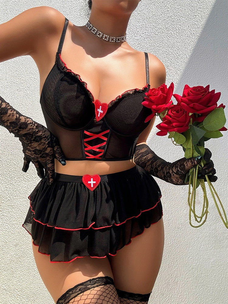 Cross-Border European and American Sexy Lingerie Set Mesh See-Through Temptation Lace Short Skirt Bra Thong Three-Piece Set
