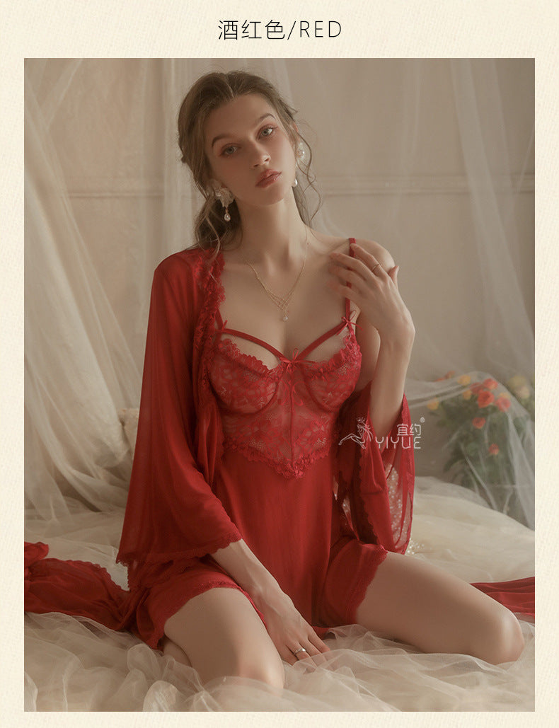 Yiyue Sexy Lingerie Sexy Strap Lace Temptation Nightdress Hot See-through Mesh Plus Size Nightgown Set8449