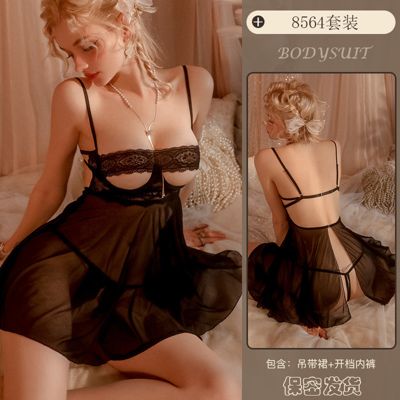 Yiyue Sexy Lingerie New Sexy Strap Lace Temptation Open Crotch Nightdress Hot See-through Uniform Wholesale8564