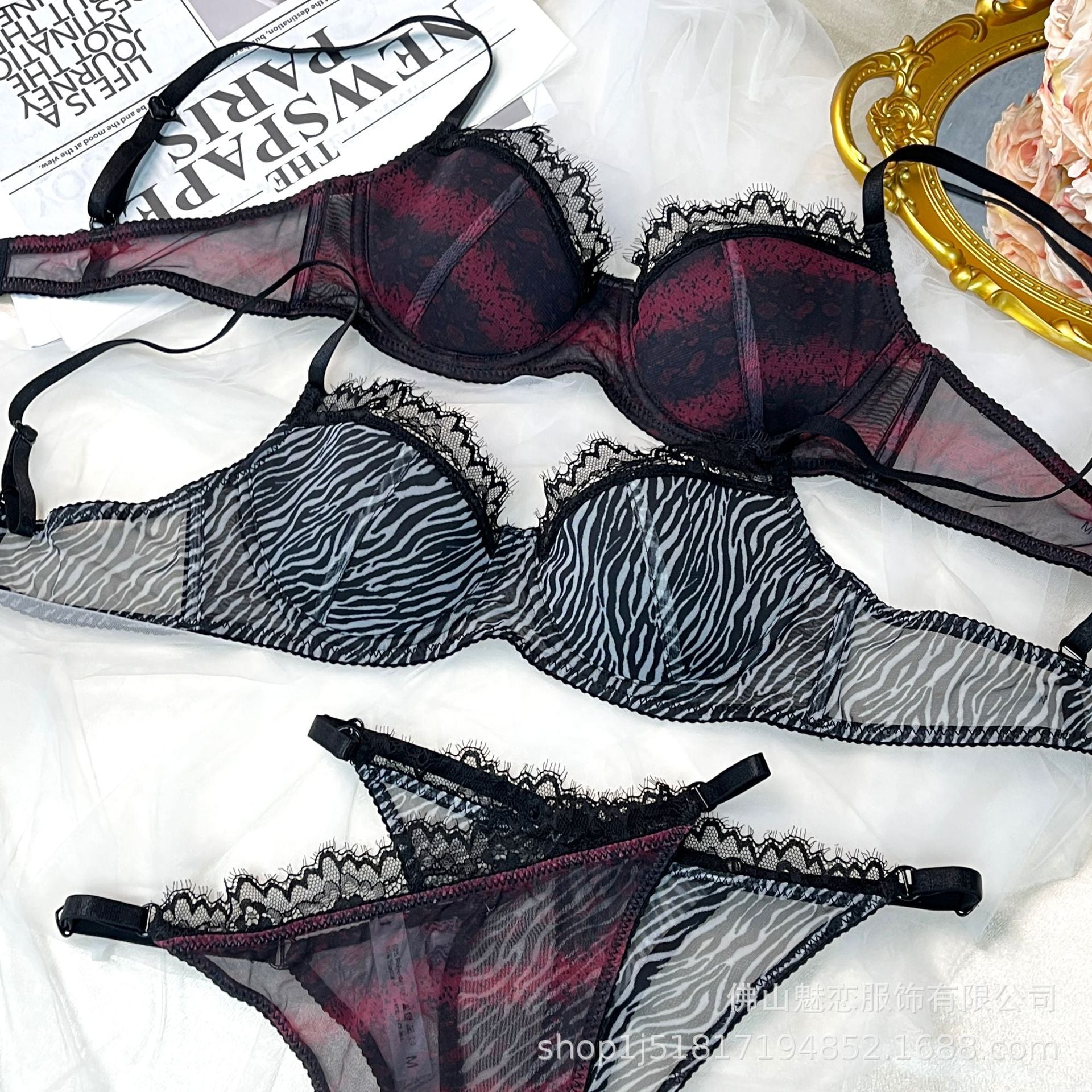 Cross-Border European and American Style Sexy Lingerie for Women Lace Leopard Mesh See-Through Large Bust Minimizer Push-Up Bra Set