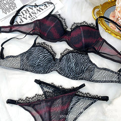 Cross-Border European and American Style Sexy Lingerie for Women Lace Leopard Mesh See-Through Large Bust Minimizer Push-Up Bra Set