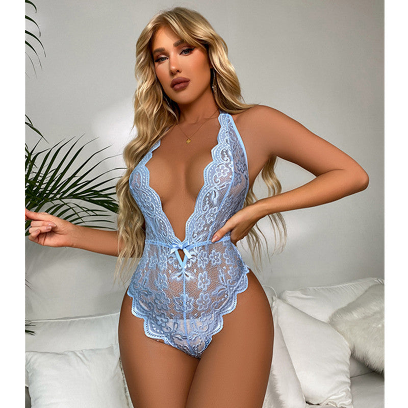 European and American Cross-Border Independent Station Deep V Lace Bodysuit Backless Strap Sexy Lingerie Women's One-Piece Set