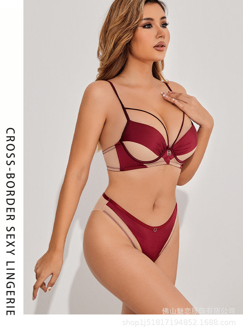Amazon Cross-Border Sexy Lingerie Women's Satin Hollow Out Strap Small Chest Enhancing Push-Up Anti-Sagging Bra Set