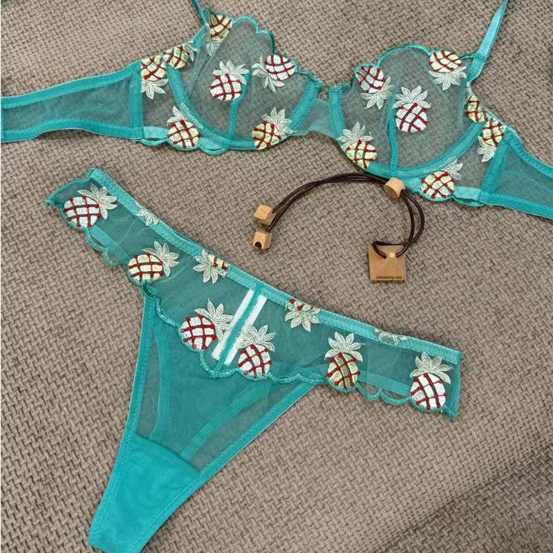 European and American Cross-Border Trade Sexy Bra Ultra-Thin Mesh Pineapple Embroidery Lace Large Bust Minimizer Sexy Lingerie Set