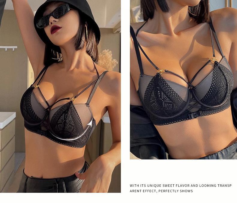 Cross-Border European and American Style French Lingerie Sexy Lace Strap Design Large Bust Push-Up Anti-Sagging Bra Set
