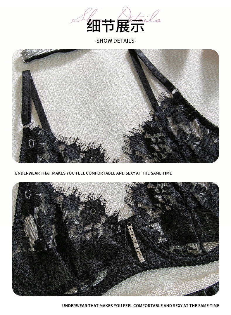 European and American Hot-Selling Sexy Lingerie for Women with Embroidered Eyelash Edge, Rhinestone Neck Ring, Garter Belt, Bra, and Five-Piece Set