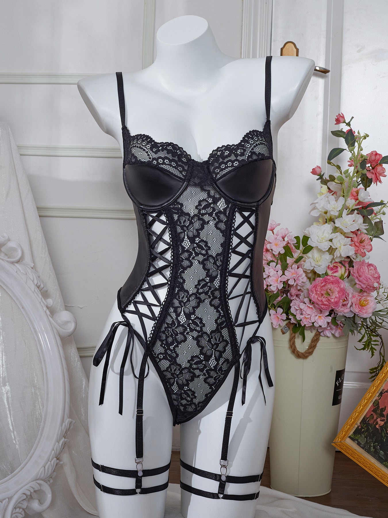 Amazon Cross-Border Sexy Lingerie for Women PU Leather Temptation Passion Tight Strap Hollow Out Camisole Bodysuit