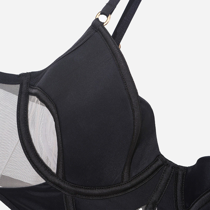 Cross-Border Sexy Lingerie for Women French Style Thin Cotton Smooth Mesh Fishbone Bra Set for Large Bust Minimizing Anti-Sagging Bra Set