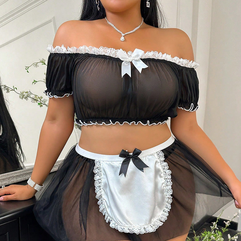 Cross-Border European and American Foreign Trade Sexy Lingerie Lace See-Through Mesh Plus Size Bra Short Skirt Thong Three-Piece Set