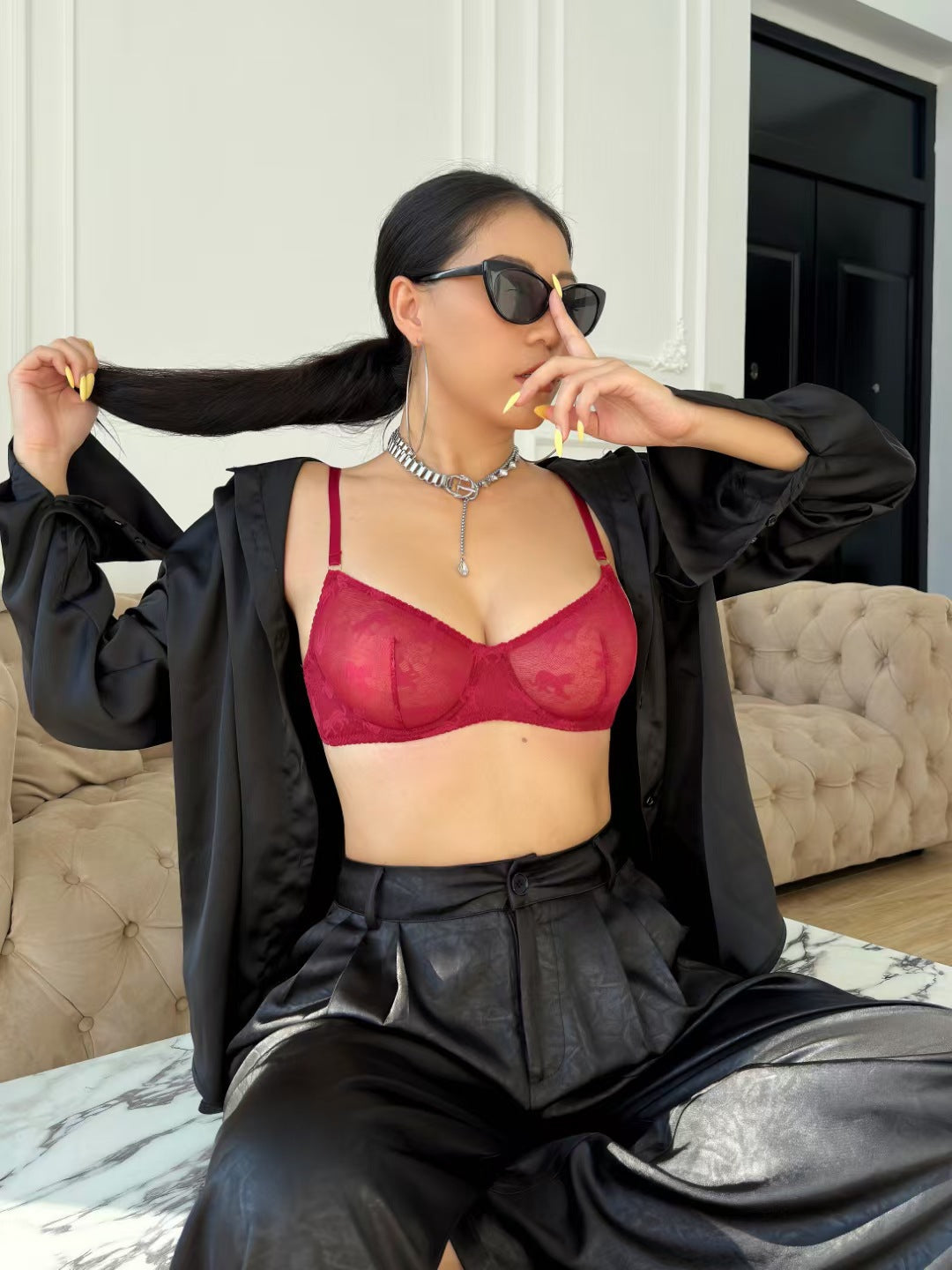 European and American Cross-Border New Sexy Lingerie Large Bust Minimizer Plus Size Bra Ultra-Thin See-Through Jacquard Lace Erotic Lingerie