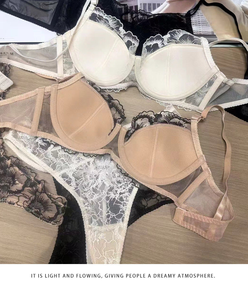 Cross-Border European and American Sexy Lingerie French Style Thin Jacquard Embroidery Lace Lingerie Large Bust Minimizer Anti-Sagging Bra