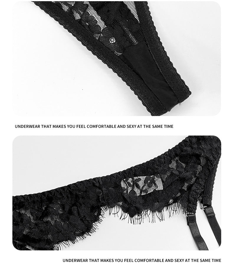Amazon European and American French Style Sexy Lingerie Women's Ultra-Thin Embroidered Lace See-Through Temptation Thong Five-Piece Set
