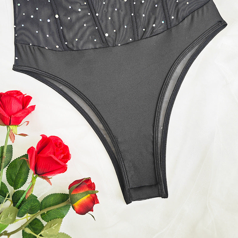 European and American Style Hot Girl Rhinestone Mesh Patchwork Chest Wrap Underwire Fishbone Halter Neck Strap Waist Cincher Diamond Sexy Bodysuit for Women