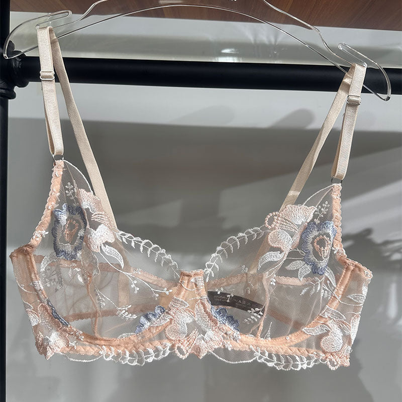Cross-Border European and American French Style Lingerie Sexy Set Ultra-Thin See-Through Lace Bra Big Chest Minimizer Anti-Sagging Two-Piece Set