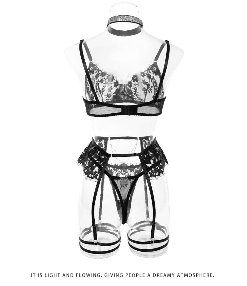 European and American Hot-Selling Sexy Lingerie for Women with Embroidered Eyelash Edge, Rhinestone Neck Ring, Garter Belt, Bra, and Five-Piece Set