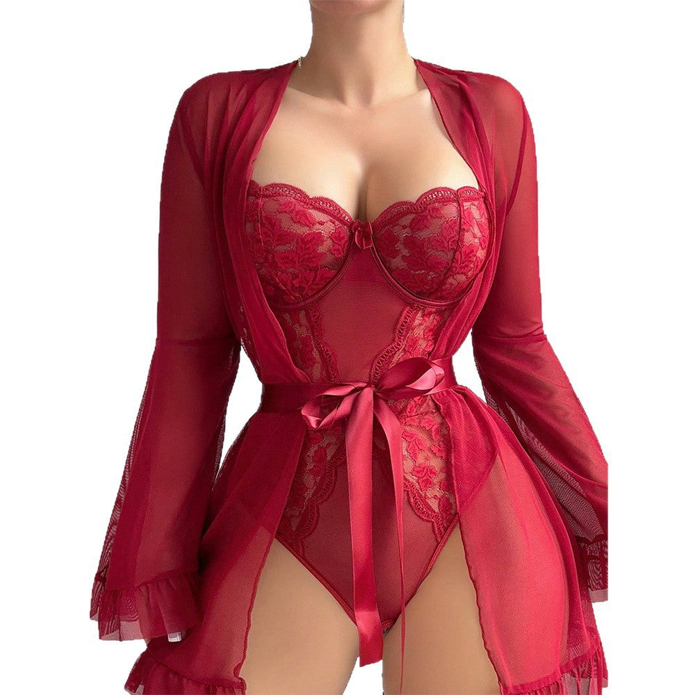 Amazon Foreign Trade Red Sexy Lingerie Nightgown Women Lace See-through Tie Bodysuit Shawl Two-piece Set
