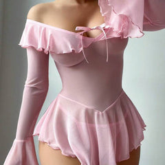 European and American Cross-Border Sexy Lingerie Set Long Sleeve Off-Shoulder Tie Bow Ruffle One-Piece Nightdress