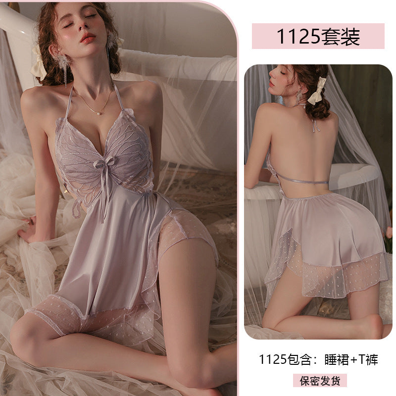 Yiyue Sexy Satin Nightdress Pure Desire Homewear with Chest Pads Bare Back Erotic Lingerie Uniform Pajama Set1125