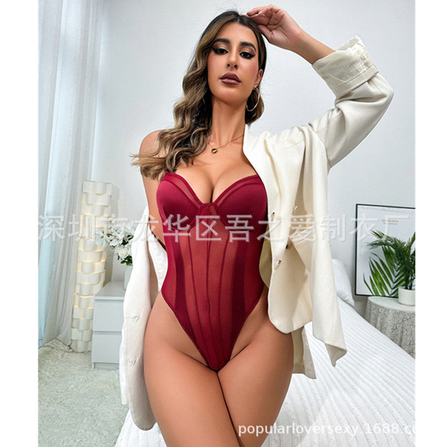 Cross-border New Mesh See-through Sexy Hollow Out Erotic Bodysuit Satin Patchwork Deep V Lightweight Underwear with Underwire