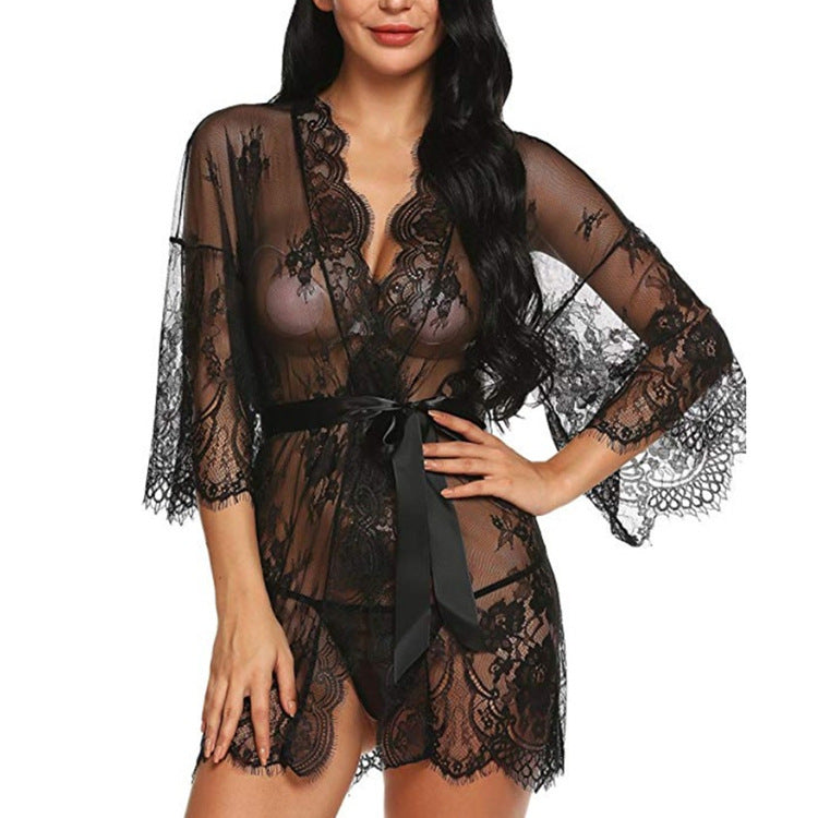 New Style Sexy Lingerie Transparent Mesh Lace Nightdress Uniform Temptation Bathrobe
