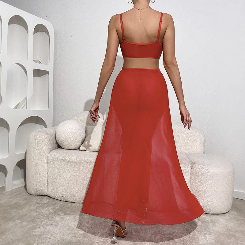 Amazon Foreign Trade European and American Sexy Lingerie Sexy See-through Mesh Slit Long Dress Three-piece Set Sexy Set