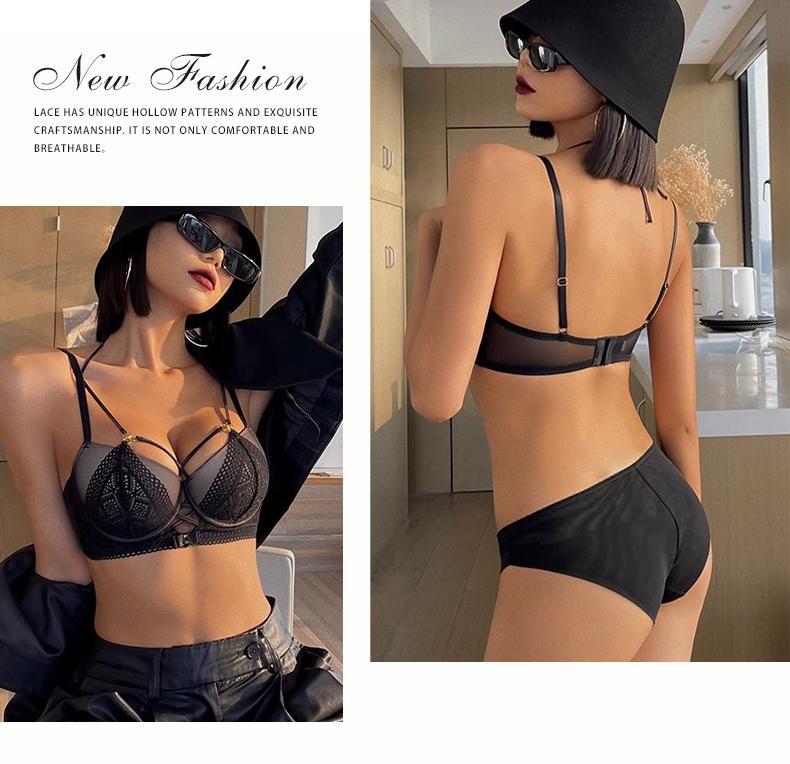 Cross-Border European and American Style French Lingerie Sexy Lace Strap Design Large Bust Push-Up Anti-Sagging Bra Set