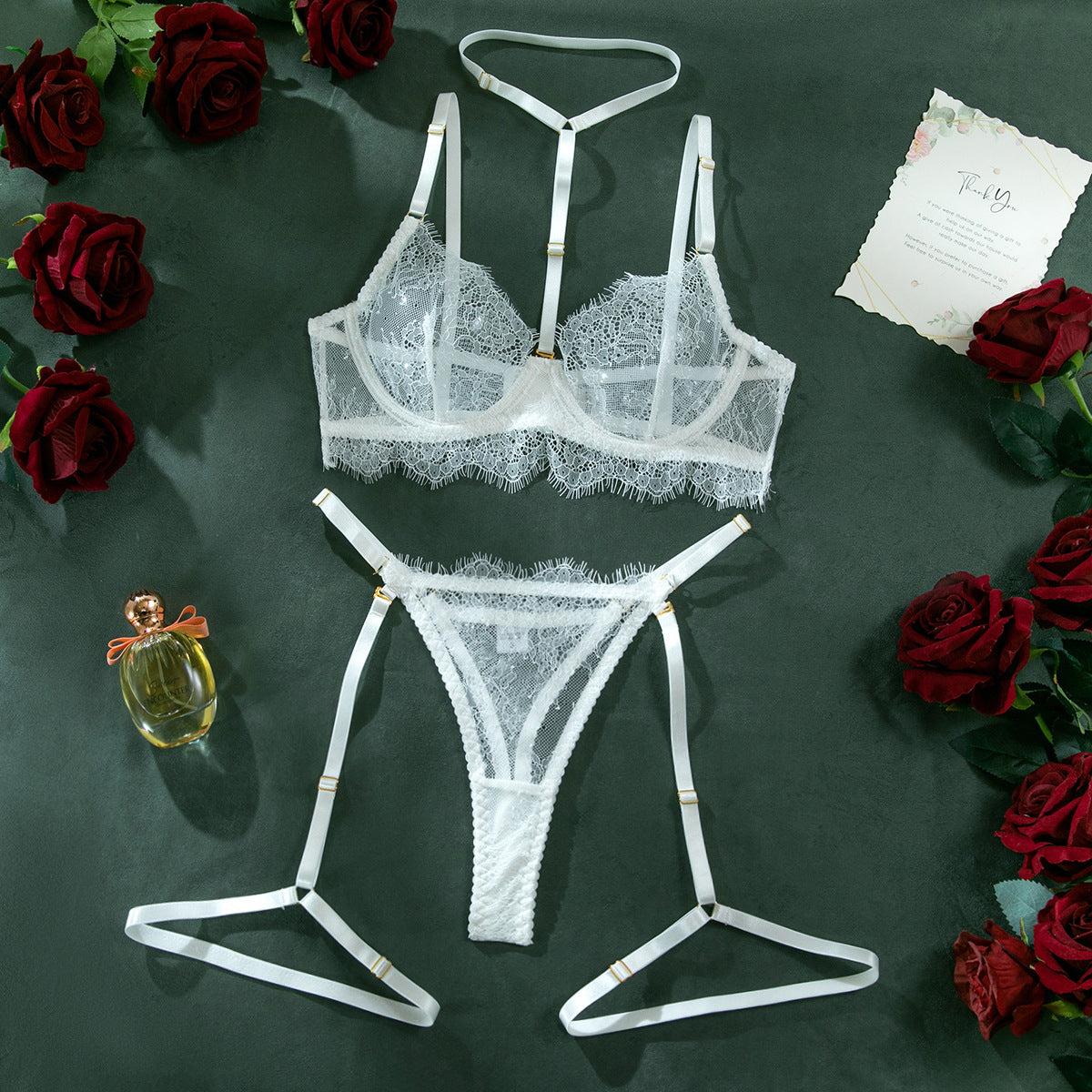 European and American Cross-Border Sexy Lingerie Four-Piece Set Sexy Hollow Lace Eyelash Halter Neck Lingerie with Detachable Leg Rings
