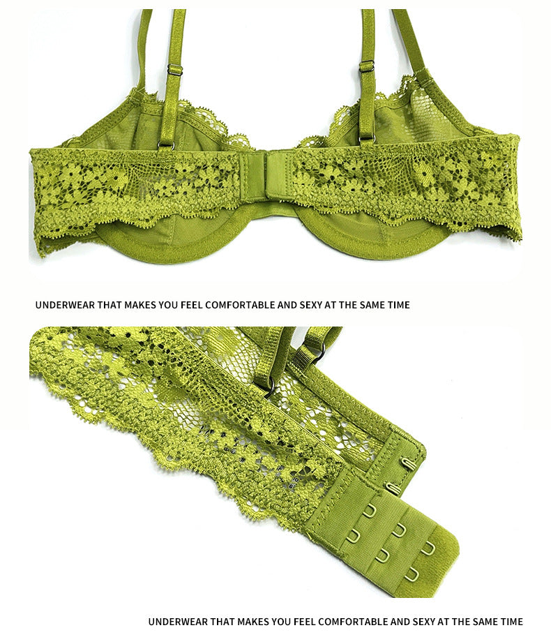French Style Sexy Lingerie for Women Lace Girl Satin Embroidery Print Large Bust Minimizer Push-Up Bra Set