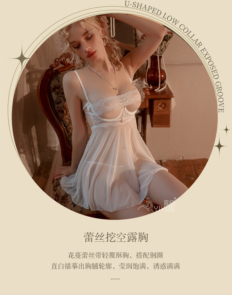 Yiyue Sexy Lingerie New Sexy Strap Lace Temptation Open Crotch Nightdress Hot See-through Uniform Wholesale8564