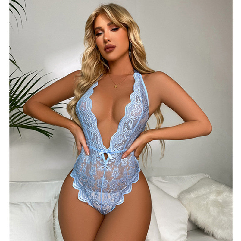 European and American Cross-Border Independent Station Deep V Lace Bodysuit Backless Strap Sexy Lingerie Women's One-Piece Set