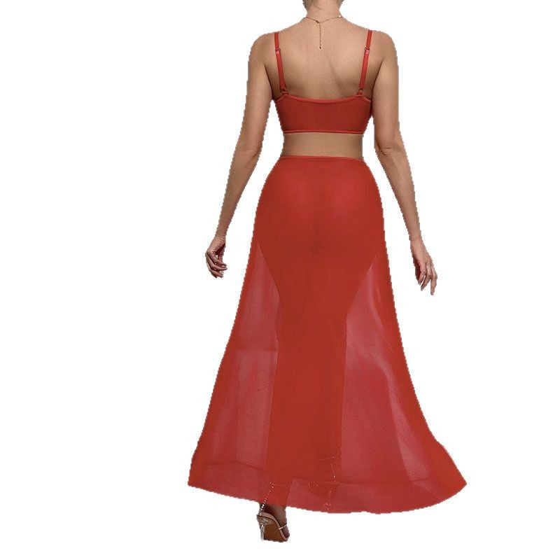 Amazon Foreign Trade European and American Sexy Lingerie Sexy See-through Mesh Slit Long Dress Three-piece Set Sexy Set