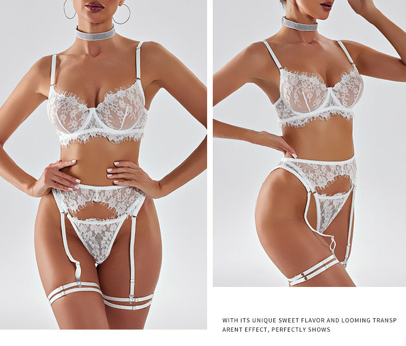 Amazon European and American French Style Sexy Lingerie Women's Ultra-Thin Embroidered Lace See-Through Temptation Thong Five-Piece Set