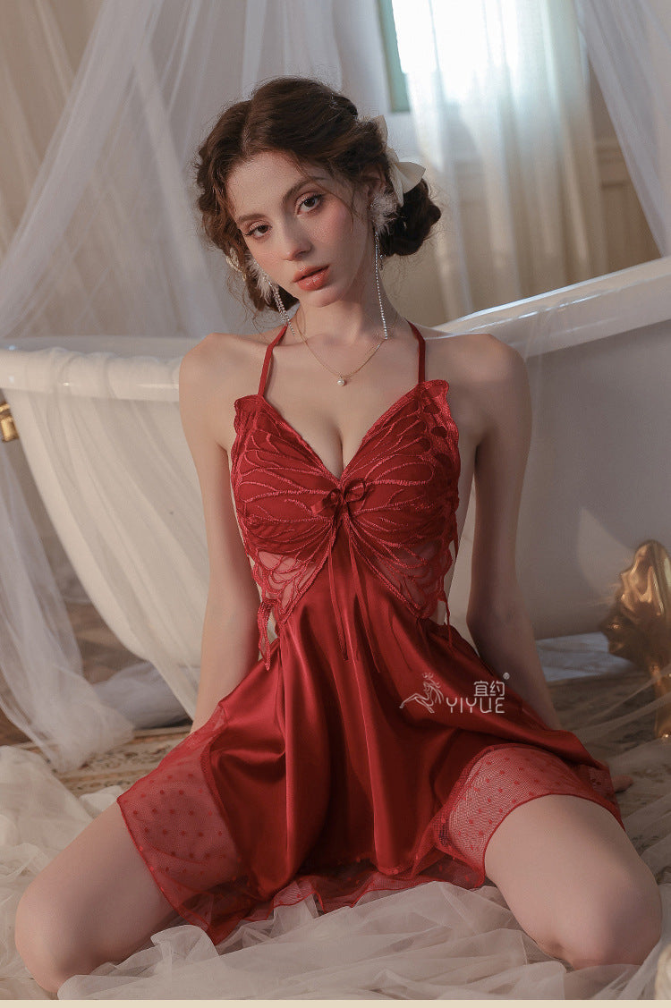 Yiyue Sexy Satin Nightdress Pure Desire Homewear with Chest Pads Bare Back Erotic Lingerie Uniform Pajama Set1125