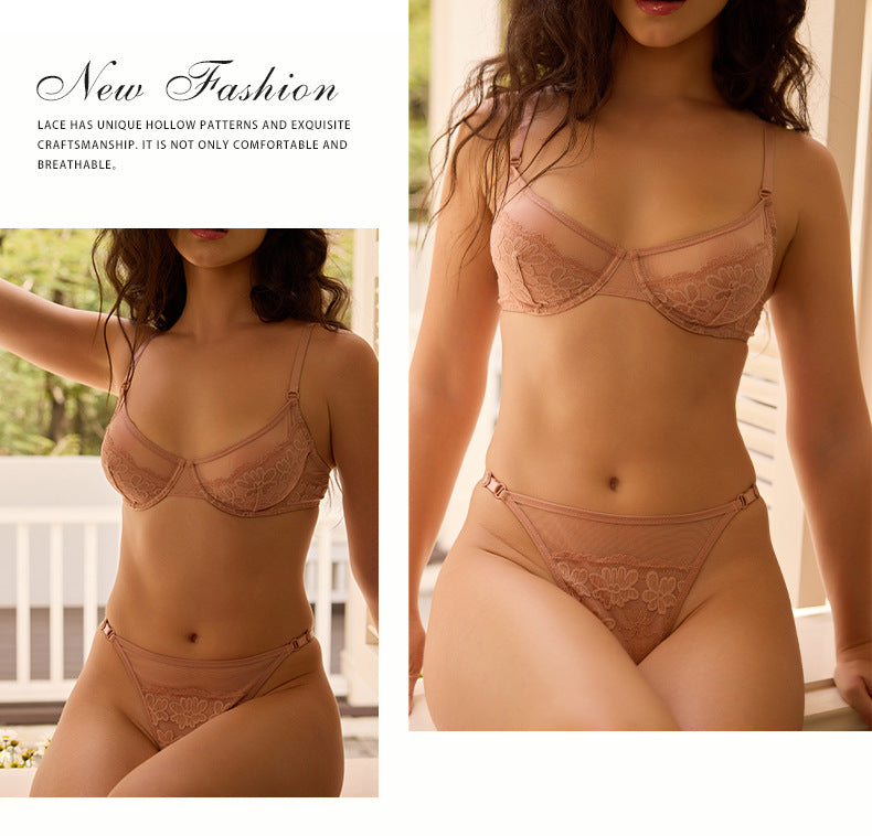 Cross-Border European and American French Style Sexy Lingerie Lace Ultra-Thin See-Through Large Bust Minimizer Push-Up Bra Set Bra