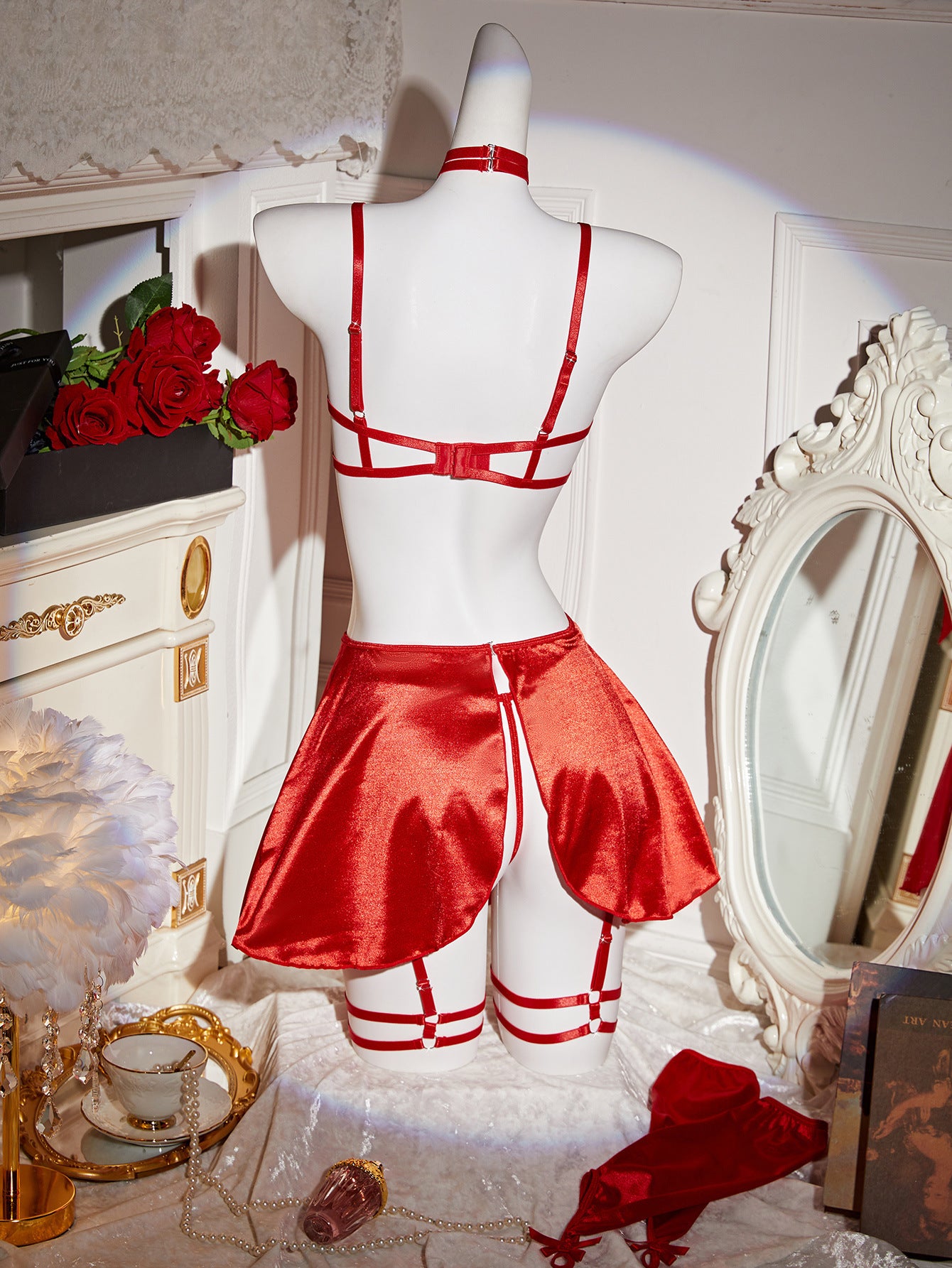 Cross-Border European and American Hot-Selling Sexy Lingerie Bowknot Chest-Exposing Bra Short Skirt Thong Collar Leg Ring Set