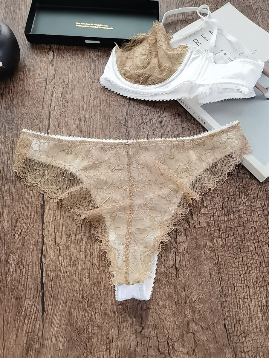 European and American Cross-Border Hot-Selling Sexy Lingerie for Women Ultra-Thin See-Through Large Bust Minimizing French Lace Erotic Bra Set