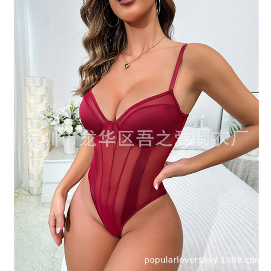 Cross-border New Mesh See-through Sexy Hollow Out Erotic Bodysuit Satin Patchwork Deep V Lightweight Underwear with Underwire