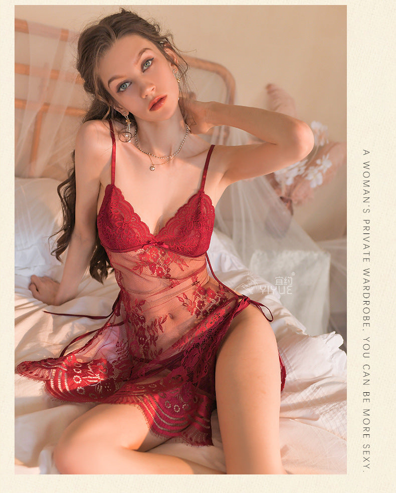 Yiyue Sexy Lingerie Lace Temptation Strap Nightdress Hot Hollow Out Plus Size Tie Nightgown Foreign Trade8448